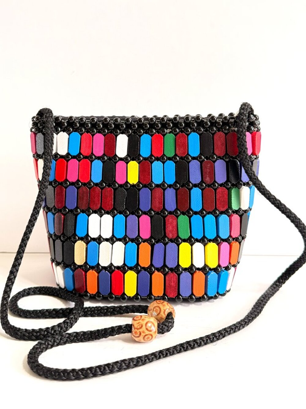 Colorful Wooden Bead Bucket Bag | 1980s Memphis Style